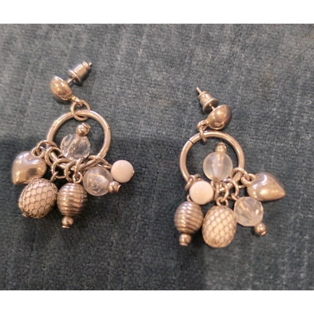 Vintage Gold Tone Dangle Drop Earrings Clear White Beads Hearts Charms Pierced